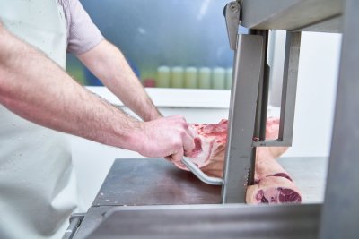 Person schneidet einen Knochen an der Bandsäge